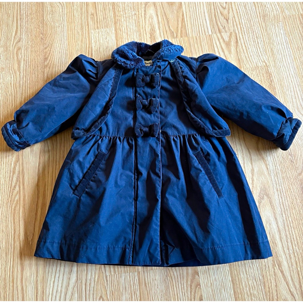Vintage Rothschild 2T Girls Navy Coat Velvet Bow Trim Faux Fur Collar